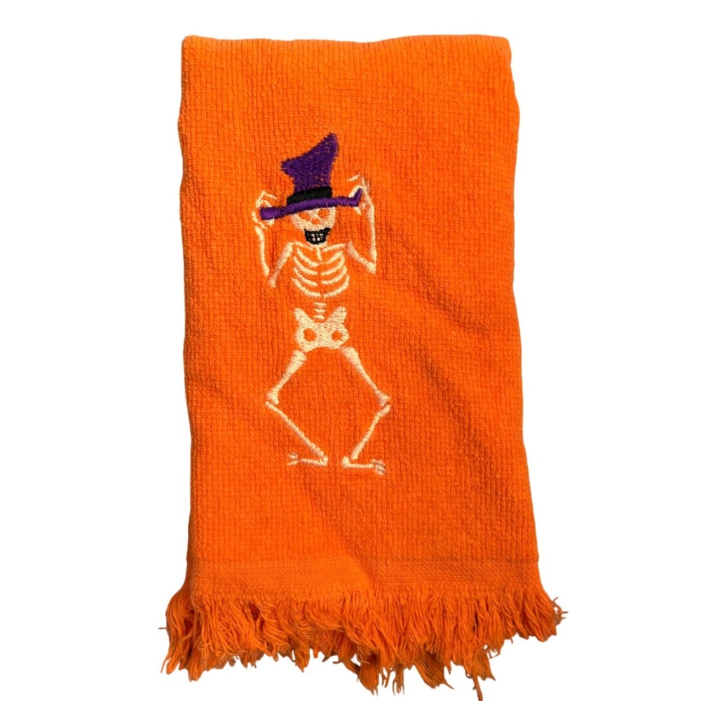 Orange Halloween Hand Towel Embroidered Dancing Skeleton Purple Top Hat Fringe